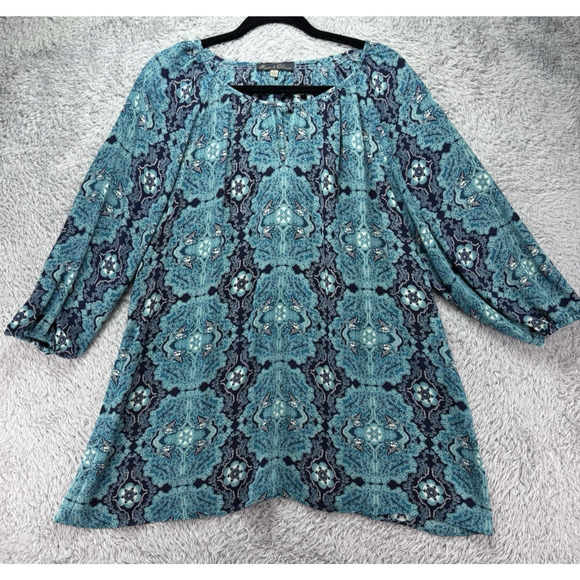 Rose & Olive 2X Popover Blouse Tunic Top Semi Sheer Blue Black Geometric‎ - Picture 1 of 10
